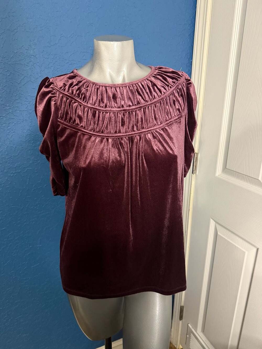 Loft Velvet Smocked Puff Sleeve Blouse Size XS Berry Purple